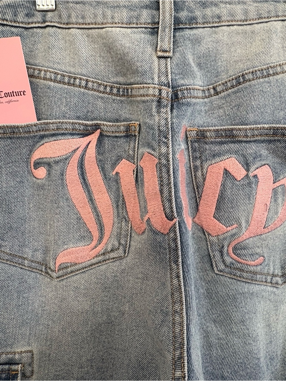 Juicy Couture Light Blue Denim Jeans with Pink Script Logo